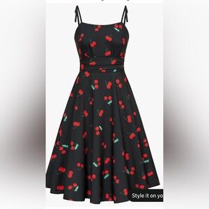 Black Cherry Print A-Line Sundress with Spaghetti Straps